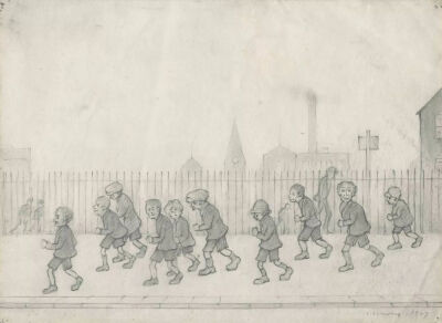 L.S.洛瑞《Children Running in Front of A Fence》，铅笔画，26.2×36cm，1927年 