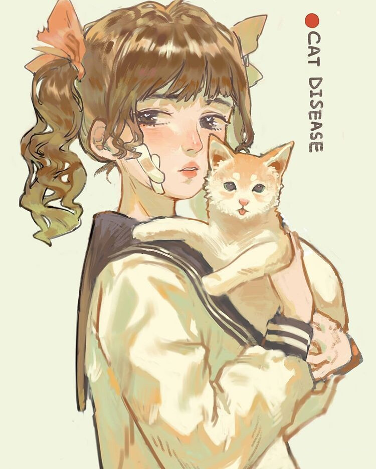 猫咪与少女 插画作品 画师葫芦头 ​