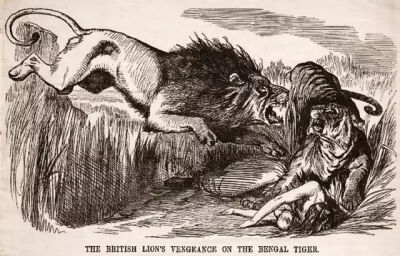 约翰·坦尼尔的《英国狮子报复孟加拉老虎》（British Lion attacks Bengal Tiger）创作于1857年，描绘了殖民当局为了严厉镇压反抗英国统治的印度人而不惜大肆屠杀的事件