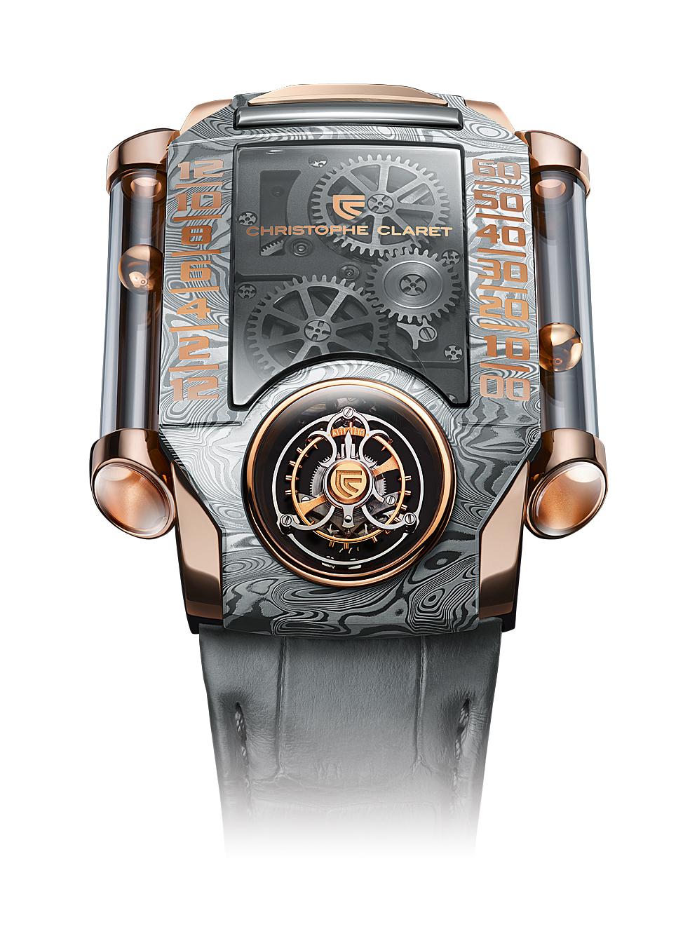 DAMASCENE钢：Christophe Claret X-Trem 1
在手表行业很少使用镶嵌钢，因为制造这种材料是一项非常复杂且费力的工作。为了创建镶嵌钢，将几种不同类型的钢中的一种置于另一种之上，然后进行锻造焊接。锻造后，将一块钢切成两半，再将两个零件一个接一个地放置。
这种所谓的“折叠”生产出镶嵌金属，该金属将其制造过程中使用的各种钢的性能结合在一起。另一个特色是在表面蚀刻后出现的吸引人的颗粒状图案。克里斯托弗·克拉雷特（Christophe Claret）在X-Trem 1中使用了镶嵌金属与玫瑰金相结合的手表。该表的特色在于其非常规的时间显示，它使用两个磁铁移动的空心小钢球来显示小时和分钟。