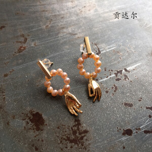 定制 孤品 14K包金 天然橘粉珍珠 耳钉 手手不对称