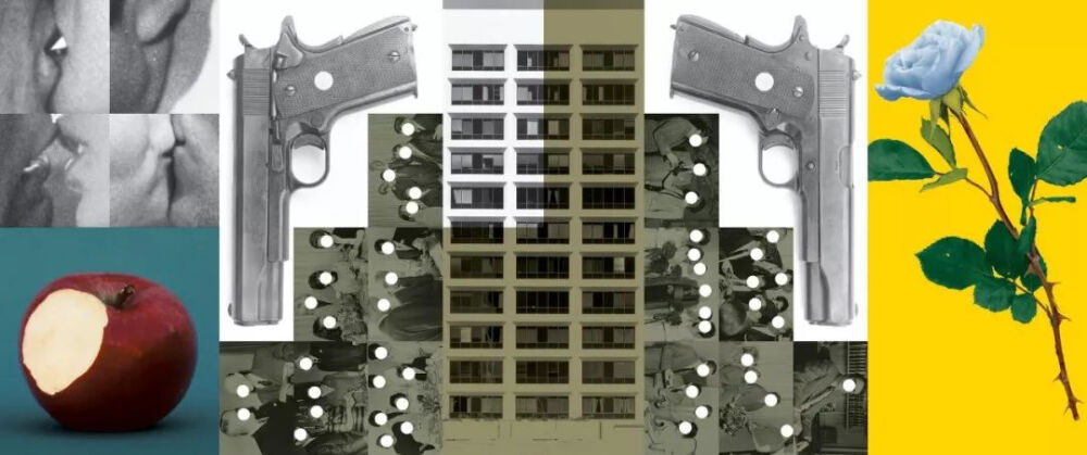 约翰·巴尔代萨里《Buildings=Guns=People：Desire，Knowledge，and Hope》，混合材料，472.44×1127.76cm，1985/1989年 © John Baldessari
