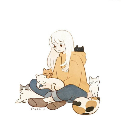 少女 猫 插画 韩国画师샤토作品