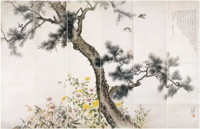 何香凝《松·菊》，设色纸本，173×273cm，1931年