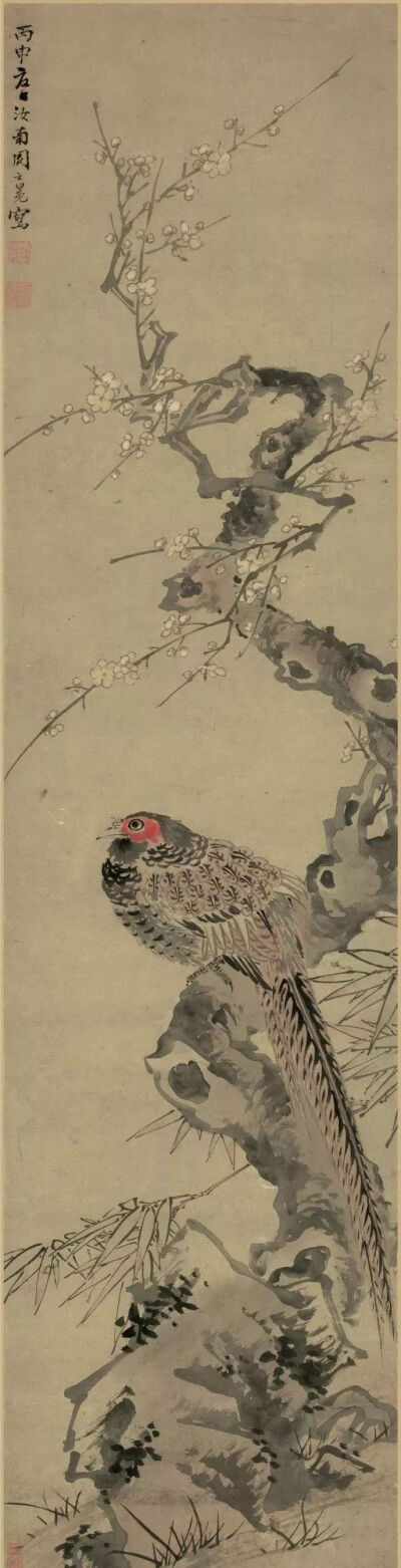 明 周之冕《梅花野雉图》，纸本设色，134.5×33.6cm，辽宁博物馆藏