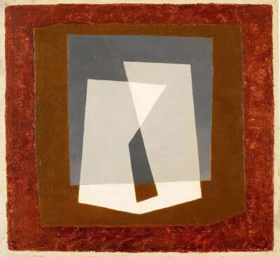 Josef Albers《Meeting B》，纤维板油画，45.7×48.9cm，1934年