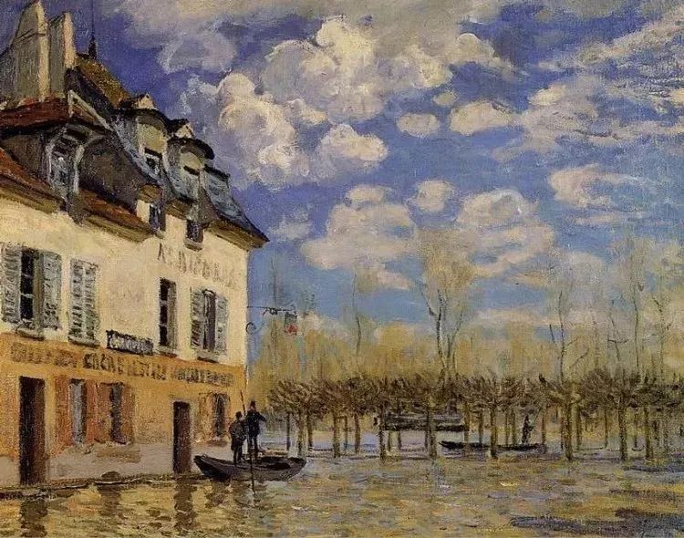 阿尔弗莱德西斯莱洪水泛滥中的小舟