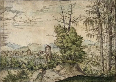 阿尔布雷希特·阿尔特多弗尔《Landscape with Two Spruces and a Castle》，约1517-1520年