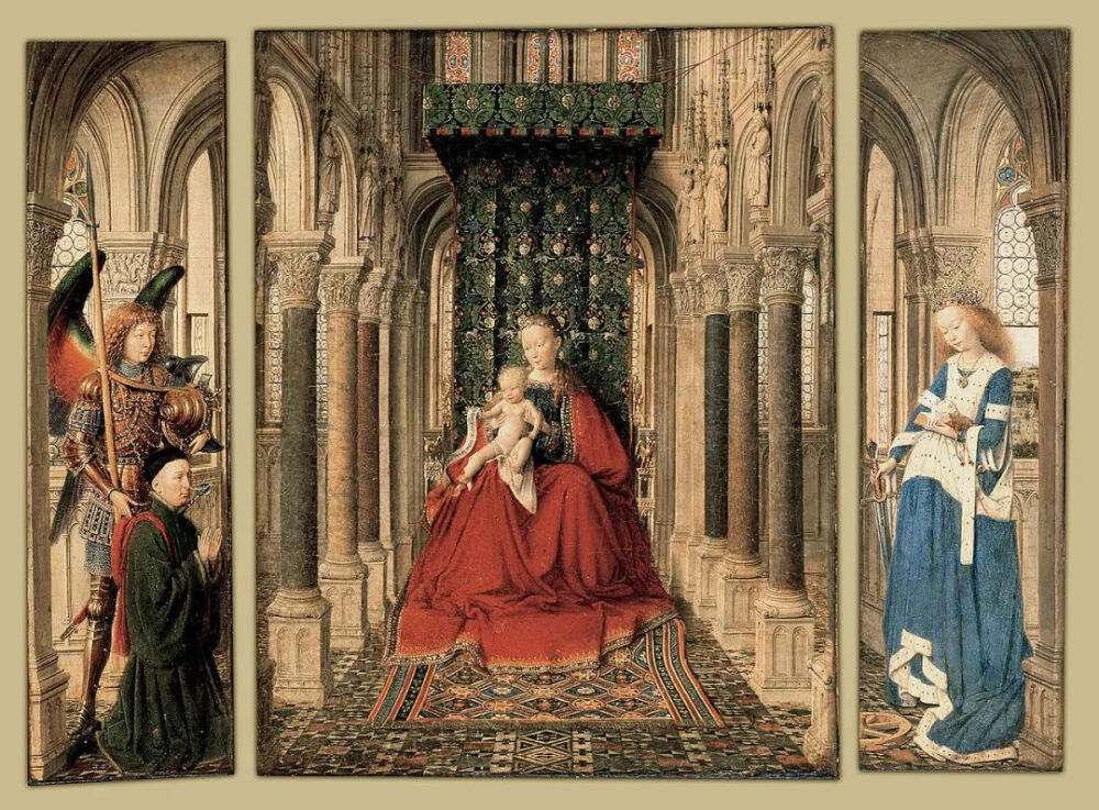 扬·凡·艾克《Triptych of Mary and Child, St. Michael, and the Catherine》，木板油画，33×27.5cm，1437年