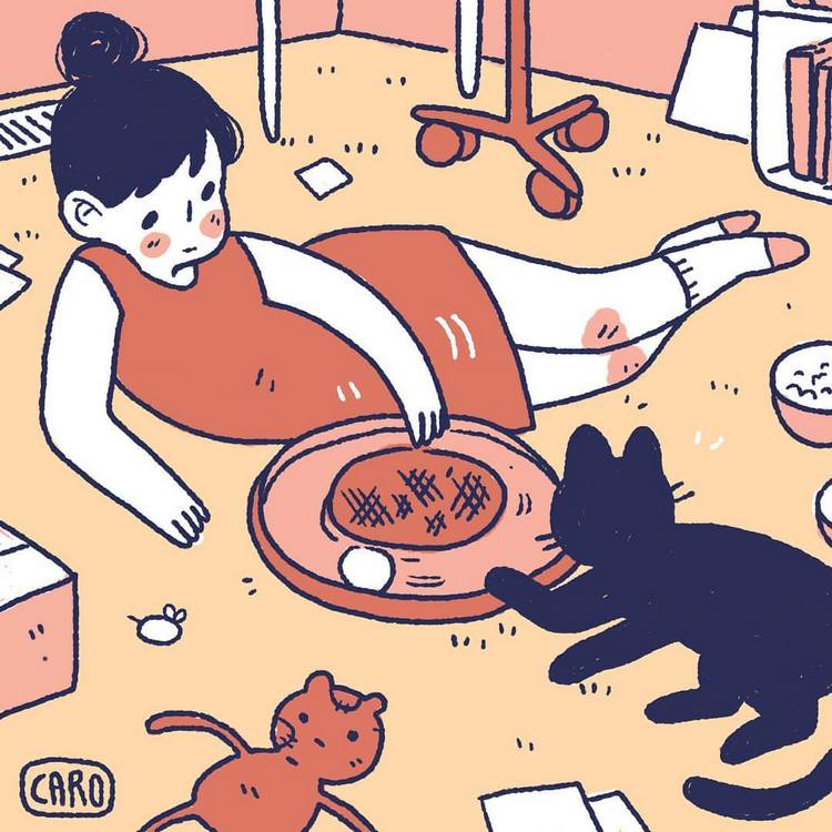 我和猫咪 small things comics ~ 美国插画师Caroline Frumento运用简约线条和温暖色彩，用小插画形式将和猫咪一起度过的时光记录下来。