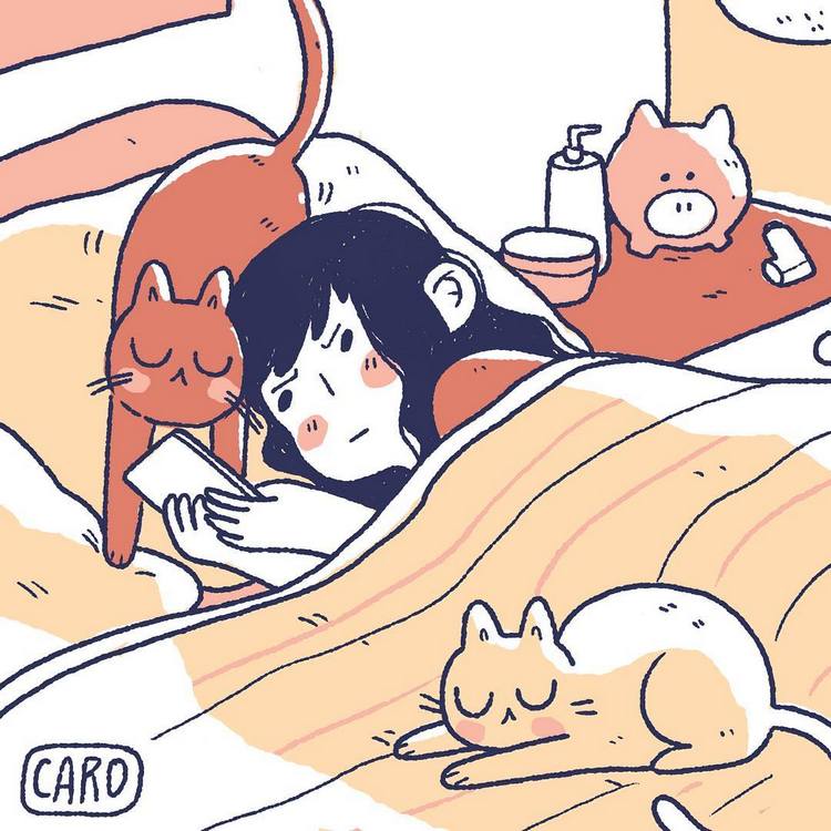 我和猫咪 small things comics ~ 美国插画师Caroline Frumento运用简约线条和温暖色彩，用小插画形式将和猫咪一起度过的时光记录下来。