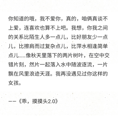 你知道的哦，我不愛你，真的，咱倆真談不上愛，連喜歡也算不上吧。我想，你我之間的關(guān)系比陌生人多一點兒，比好朋友少一點兒，比擦肩而過復(fù)雜點兒，比萍水相逢簡單點兒……像秋天里落下的兩片樹葉，在空中交錯片刻，…