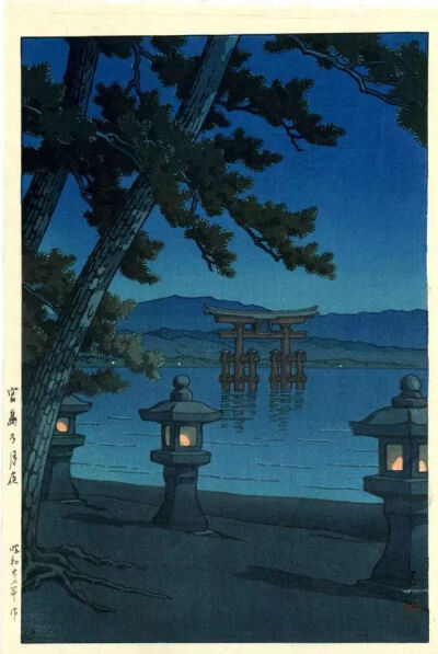 川濑巴水《宫岛夜景》，水印套色版画，1947年