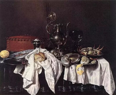 威廉·克莱兹·海达《Still Life with Pie, Silver Ewer and Crab》，1658年