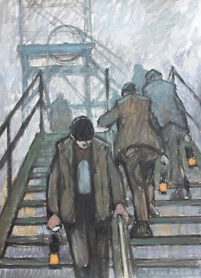 Norman Cornish《Miners on the gantry with lamps》，布面油画，76×56cm，1968年
