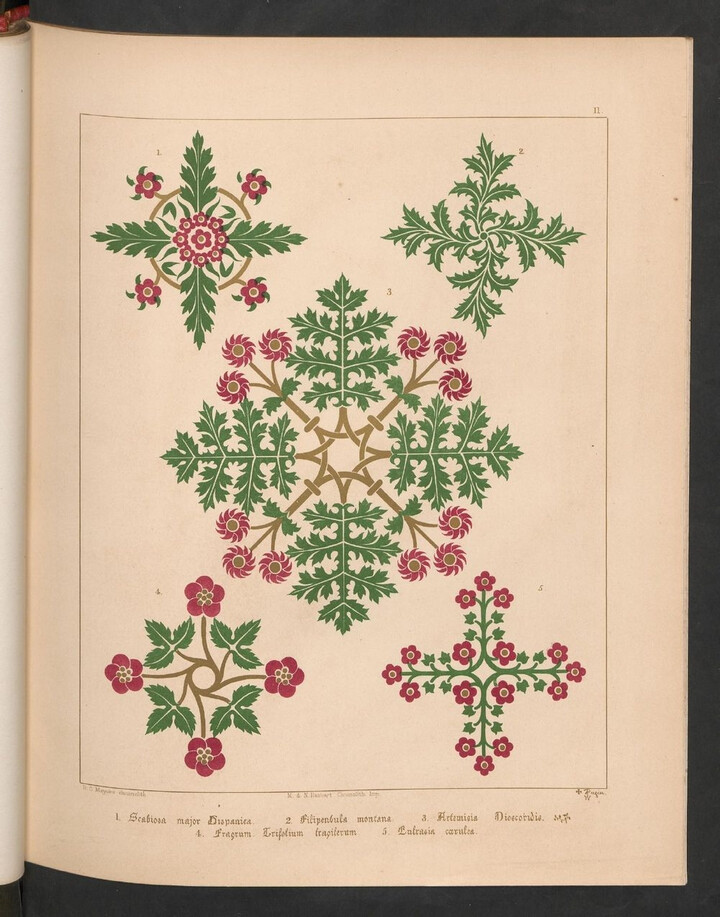 《Floriated ornament》（花卉装饰图案）是Augustus Welby Pugin（19世纪英格兰建筑设计师）关于建筑装饰的著作。内容为哥特式风格的装饰图案，此书共包含31种风格的图案，在对随后很长一段时间内工艺美术艺术家产生了重要影响。此本约出版于1849年。
Augustus Welby Northmore Pugin:奥古斯都·威尔比·诺斯摩尔·普金( 1812年3月1日－1852年9月14日)，19世纪英格兰建筑师、设计师、设计理论家，英国议会大厦重建时，哥特式的内饰设计是他的代表作之一。
