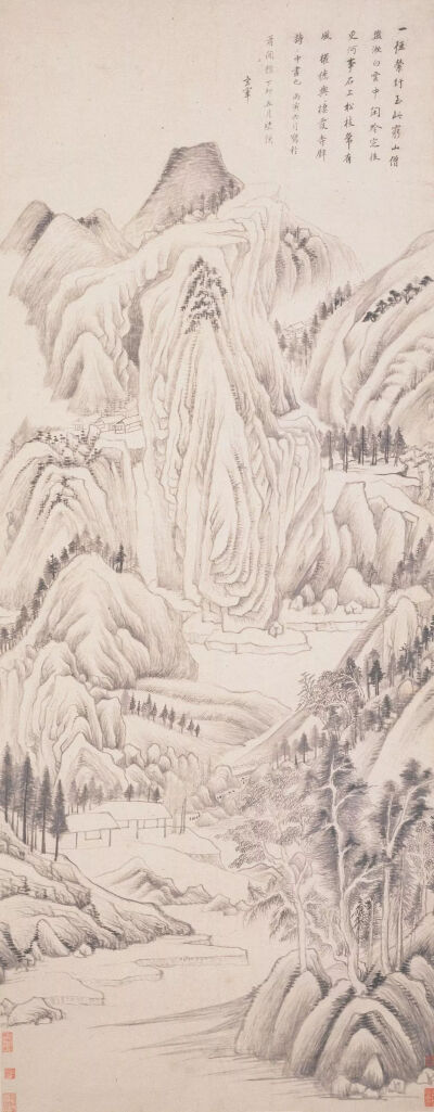 董其昌《栖霞寺诗意图轴》，纸本水墨，133.1×52.5cm，明 天启丙寅-丁卯（1626-1627年）72岁作