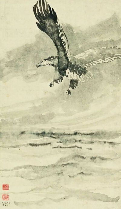 李铁夫《临水飞鹰》，纸本水墨、铅笔，81.6×46.3cm，1945年，广州美术学院美术馆藏