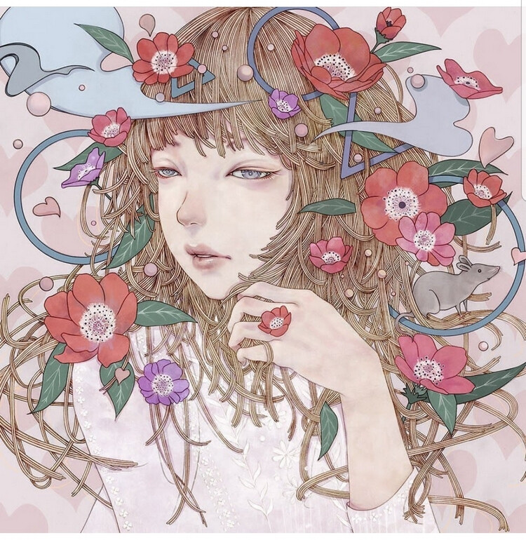 画师木村智博​少女插画作品欣赏。作者画风细腻柔美，精致的发丝点缀着美丽的花朵，唯美的少女带着天使般的梦幻。