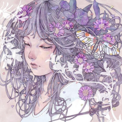 画师木村智博​少女插画作品欣赏。作者画风细腻柔美，精致的发丝点缀着美丽的花朵，唯美的少女带着天使般的梦幻。