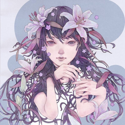 画师木村智博​少女插画作品欣赏。作者画风细腻柔美，精致的发丝点缀着美丽的花朵，唯美的少女带着天使般的梦幻。