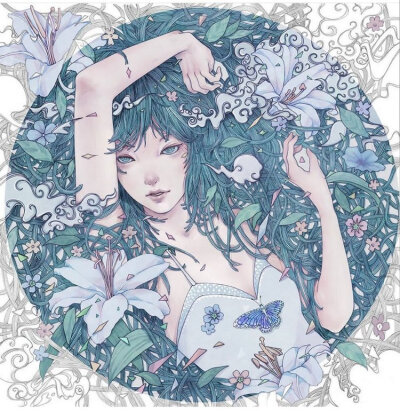 画师木村智博​少女插画作品欣赏。作者画风细腻柔美，精致的发丝点缀着美丽的花朵，唯美的少女带着天使般的梦幻。