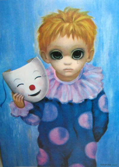 玛格丽特·基恩《Happy Mask，Unhappy Boy》，1963年，玛格丽特·基恩的大眼睛儿童忧郁肖像在上世纪50-60年代取得了巨大成功。她的粉丝和收藏家包括娜塔莉·伍德、安迪·沃霍尔、琼克劳·福德乃至联合国。