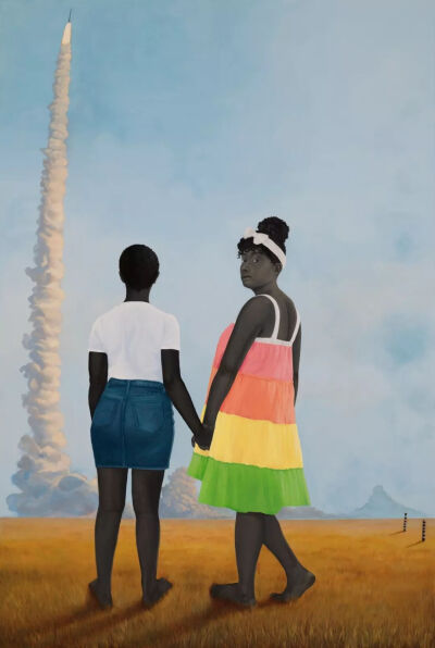 艾米·谢拉德（Amy Sherald）《飞机、火箭以及它们之间的空间》（Planes, rockets, and the spaces in between），布面油画，170.18×254cm，2018年。由巴尔的摩艺术博物馆收购