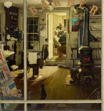 诺曼·洛克威尔《舒奇顿的理发店》（Shuffleton’s Barbershop），布面油画，78.74×83.82cm，1950年。由伯克郡博物馆出售给卢卡斯叙事艺术博物馆。
