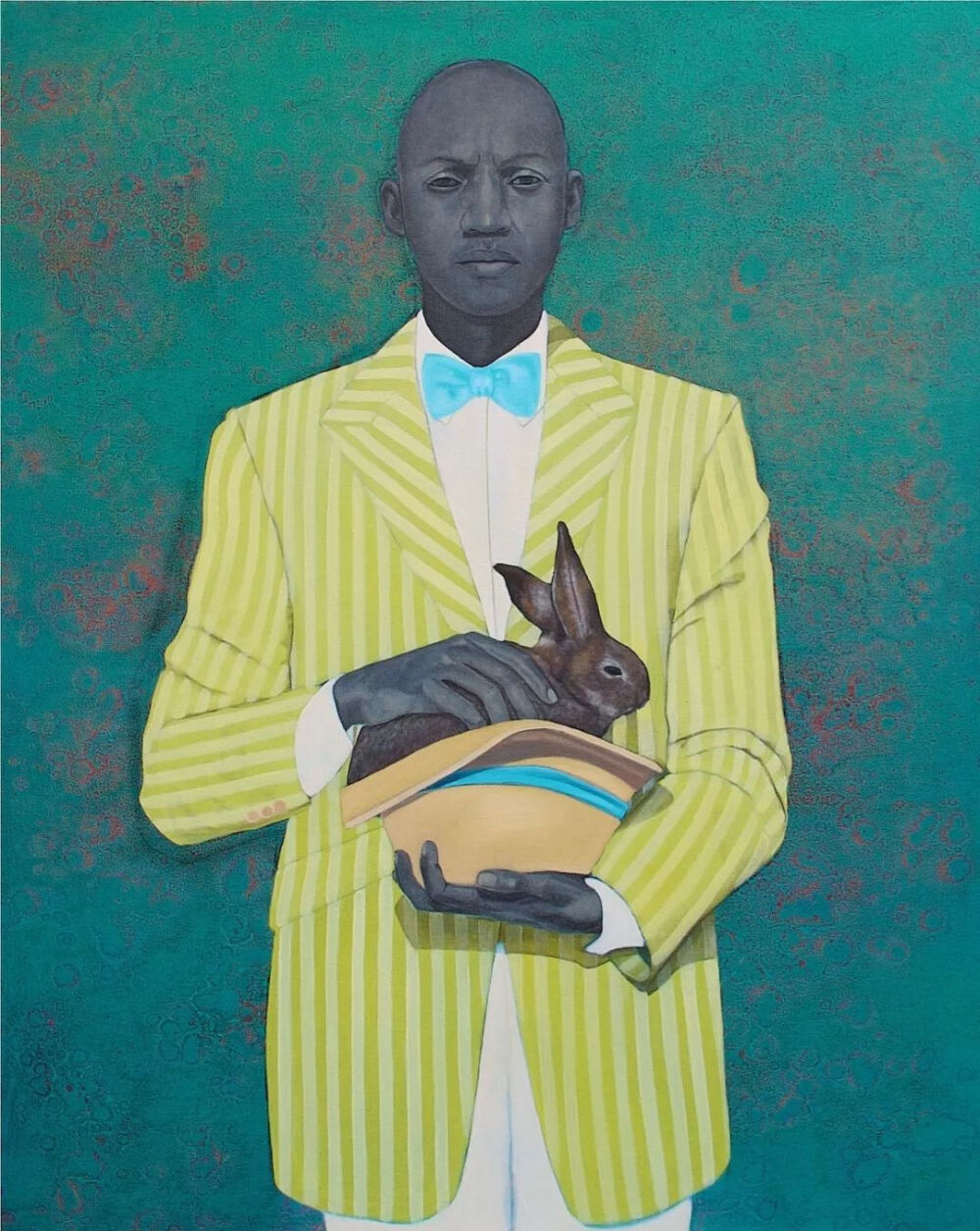 艾米·谢拉德（Amy Sherald）《戴帽子的兔子》（The Rabbit in the Hat），布面油画，137.16×109.22cm，2009年。由巴尔的摩艺术博物馆收购。