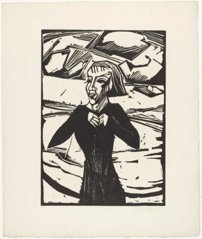 埃里希·黑克尔《Girl by the Sea》，木刻版画，61.3×51.3cm，1913年