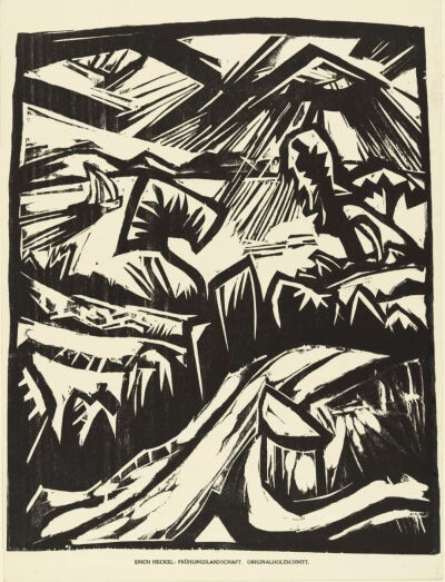 埃里希·黑克尔《Frühlingslandschaft》，木刻版画，28.4×21.5cm，1918年