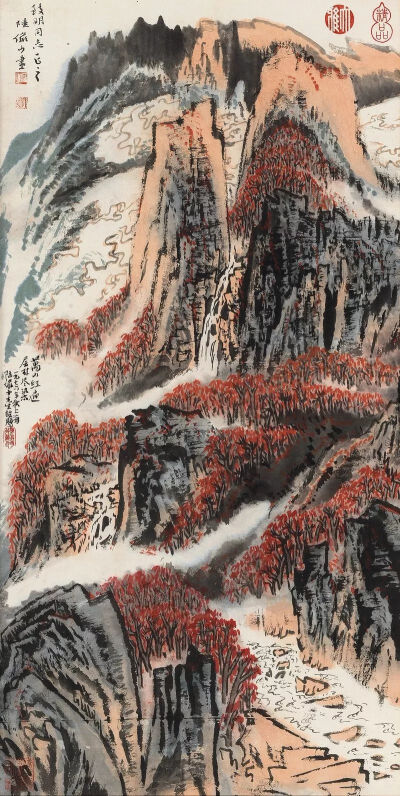 陆俨少《万山红遍》，纸本设色，75×38cm