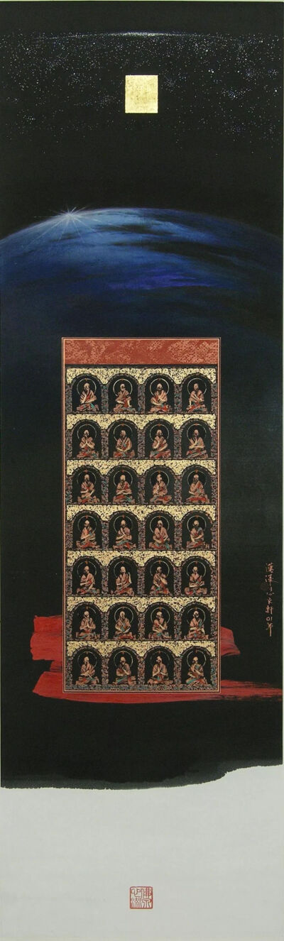 郭汉深《常在》，纸本水墨设色、金箔，125×38cm，2001年