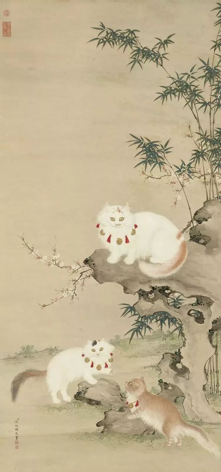 沈振麟《猫竹图》，纸本设色，132.6×62.6cm，台北故宫博物院藏