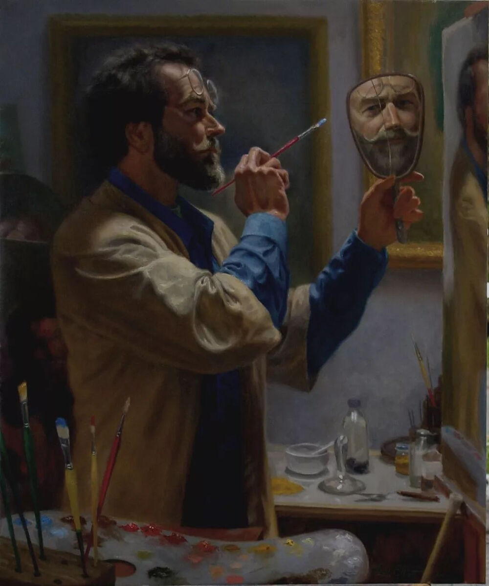 维吉尔·埃利奥特《self portrait with two mirrors》，布面油画，76.2×91.44cm，2002年
