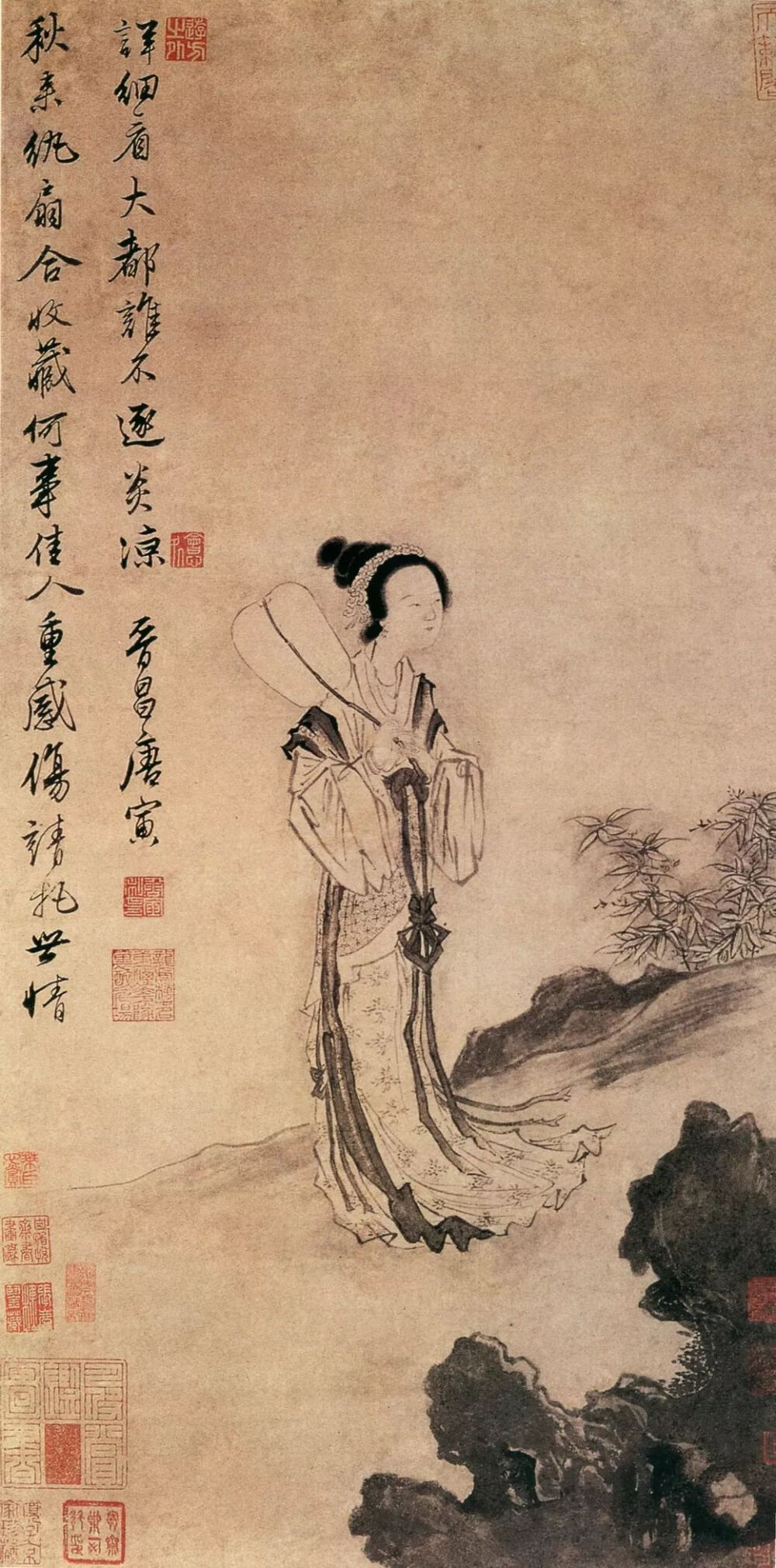 唐寅《秋风纨扇图》，纸本水墨 ，77.1×39.3cm，明