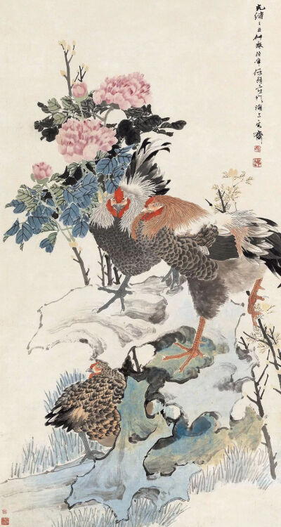 任颐《牡丹大吉图》，纸本设色，147.5×78.5cm，清代