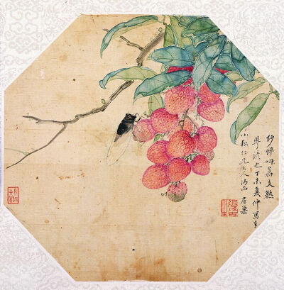 （清）居巢《荔熟蟬鳴》 廣州藝術博物院藏 絹本設色 扇面 1847年
居巢（1811-1865年）字士傑，號梅生，廣東番禺人。與張敬修宦游廣西，得觀宋光寶、孟覲乙繪畫真跡，受其影響，所作花鳥注重寫生，輕描淡寫，澹…