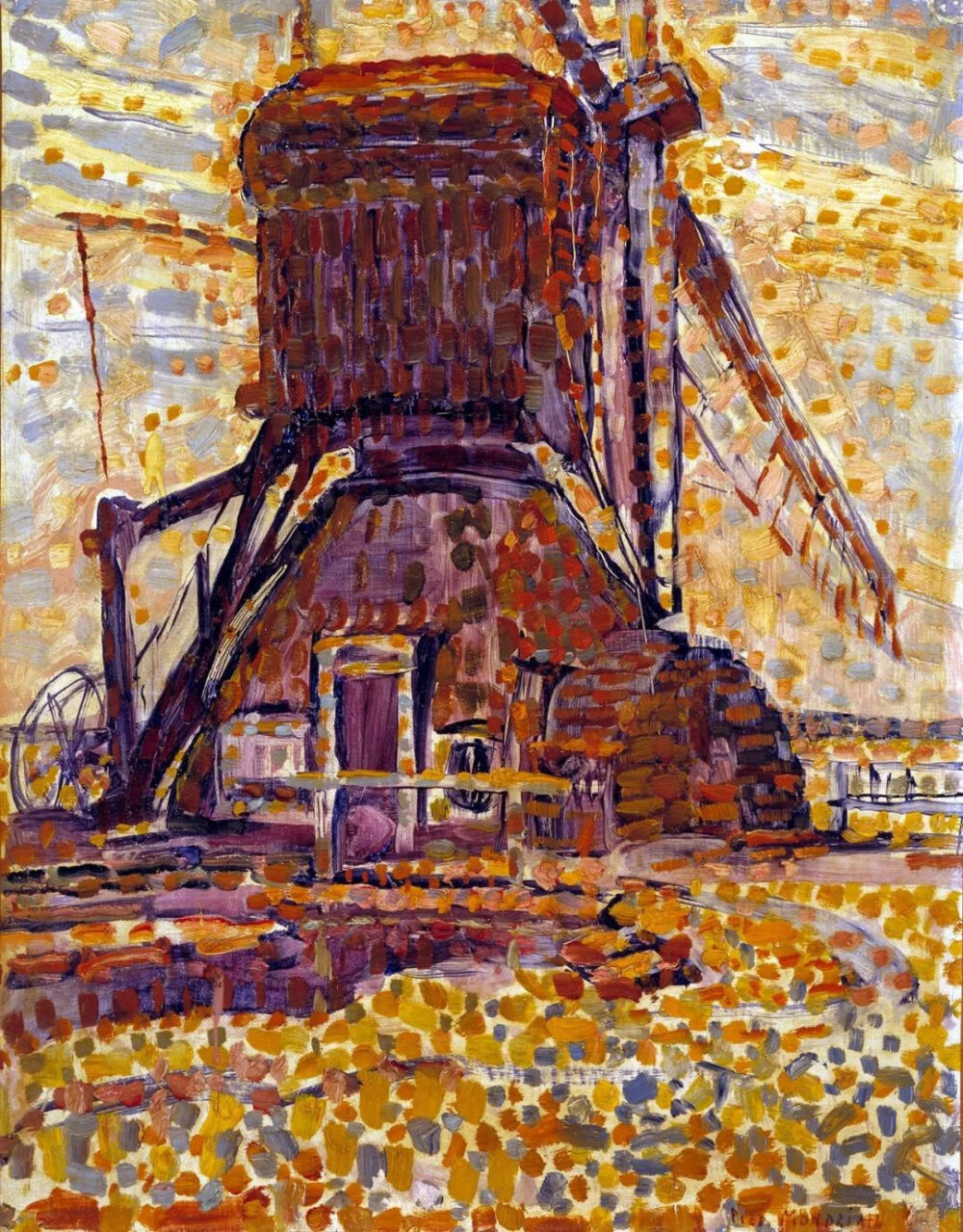 彼埃·蒙德里安《The Winkel Mill，pointillist version》，布面油画，44.4×34.2cm，1908年