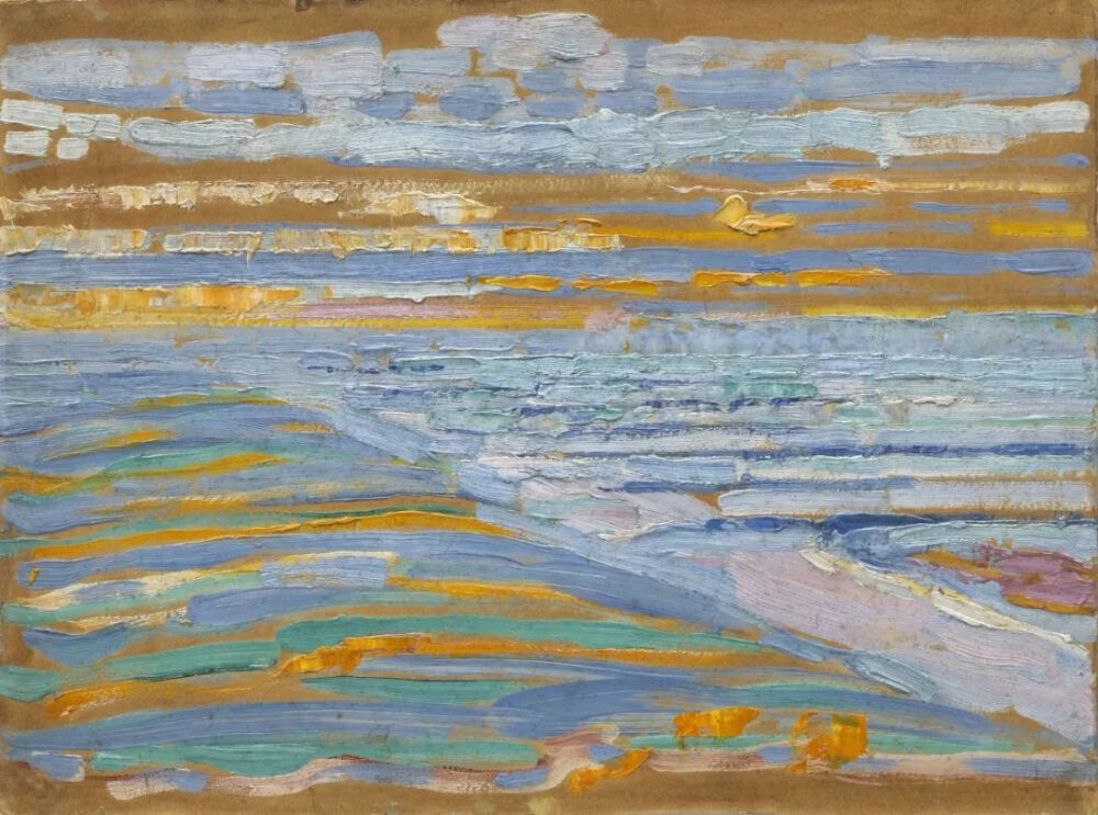 彼?！っ傻吕锇病禫iew from the Dunes with Beach and Piers，Domburg》，卡板油画，28.5×38.5cm，1909年