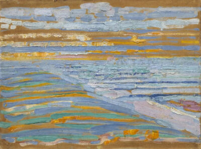 彼?！っ傻吕锇病禫iew from the Dunes with Beach and Piers，Domburg》，卡板油畫，28.5×38.5cm，1909年