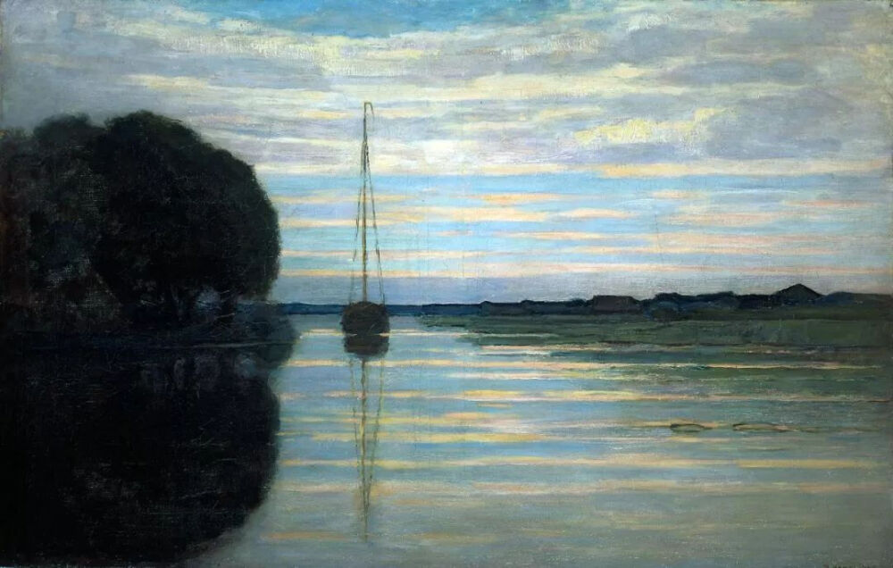 彼埃·蒙德里安《River view with a boat Sun》，布面油画，1907年