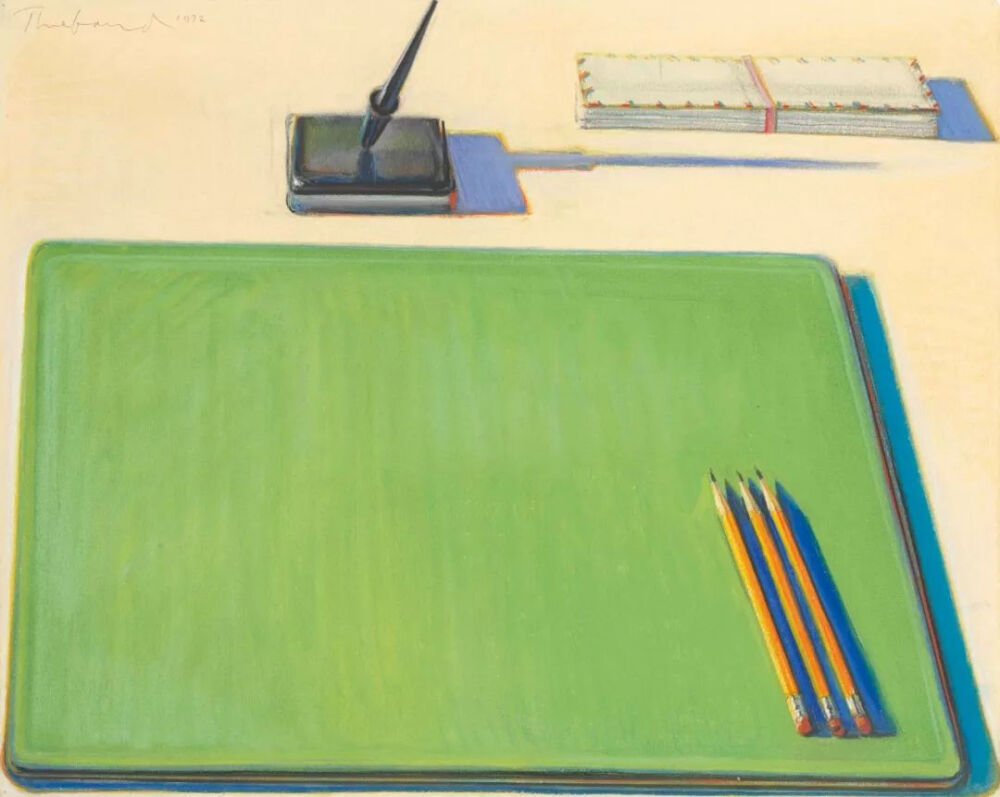 伟恩·第伯《Desk Sets》，纸本水粉，40.6×50.8cm，1972年
