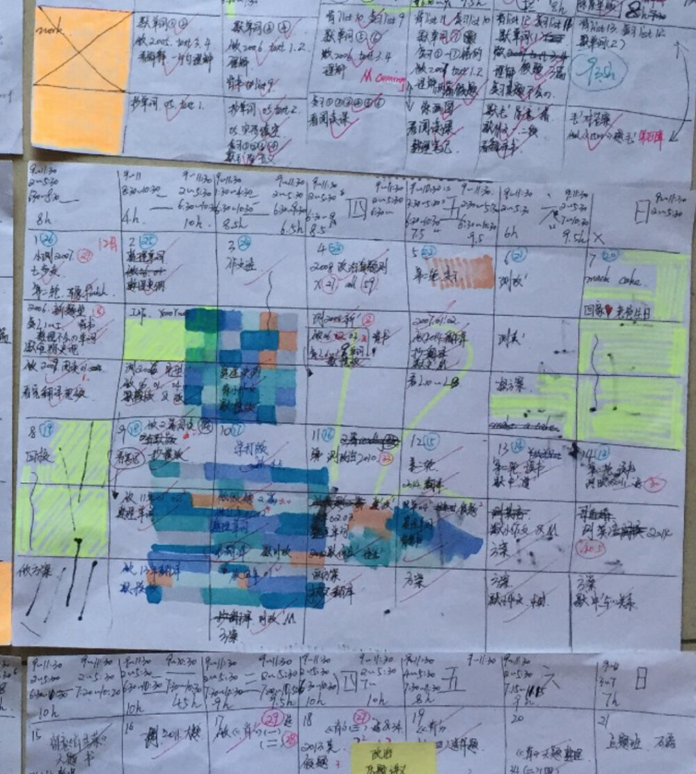 今日整理以前的图片（电脑完全没内存了然后致电苹果小哥远程教我清内存），找到了考研时期的日程安排表还有资料，考研的弟弟妹妹都懂的艰辛呐～一张A4纸是半个月的计划，其中的大色块是我给自己安排的放假day嘻嘻。分享出来不知道对正在准备考研的你们有没有一点点帮助，这些我在之前的考研视频都有提到过，如果还有其他问题可以评论告诉我，也许还会出一期【珍妮下凡来解答】LOL ～～nite#考研#