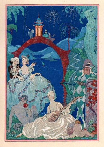 1928年的出版的《Fêtes galantes 》，活色生香，密语宴游的青年男女,逍遥无忧,尽情欢乐。作者：Paul Verlaine 插画：George Barbier