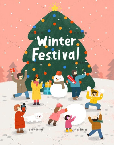卡通冬季家庭滑雪装扮圣诞树打雪仗游乐园礼物插画设计素材PSD448