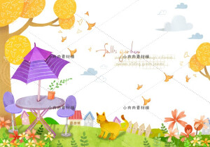 手绘卡通田园森林四季风景装饰画芯漫画插画PSD设计素材psd449
