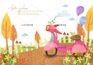 手绘卡通田园森林四季风景装饰画芯漫画插画PSD设计素材psd449