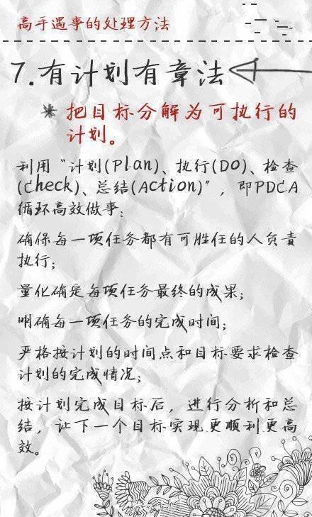 【高手遇事处理方法，9个因素决定你的收入！】①立刻行动，但不盲目执行；②会休息，不仅指睡眠，更要学会“换脑”；③做事有节奏，抓住要事、盯住大事、放弃杂事，能2分钟处理完的工作，马上做，不拖延；④学会掌控时间，重要时段、零碎时间都合理利用...行动起来！